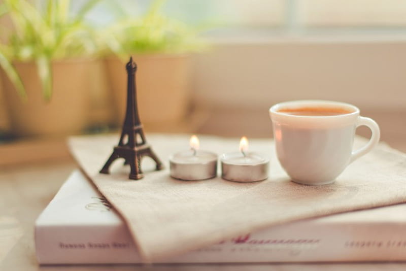 Coffee Time, coffee, cup of coffee, books, romance, eiffel tower, cup,  candles, HD wallpaper | Peakpx