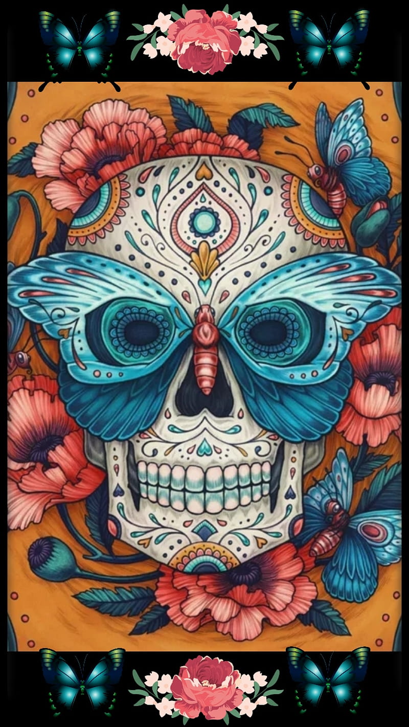 Sugary BFly Skull, beauty, blue, butterflies, colorful, flowers, orange, pretty, skull, sugar skull, HD phone wallpaper