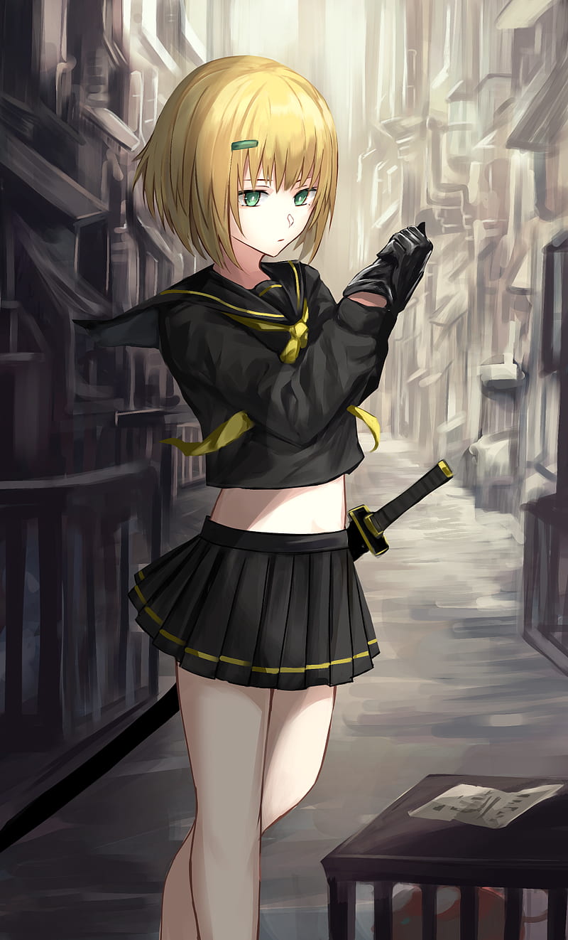anime girls, short hair, blonde, green eyes, vertical, Sol Kazami, school uniform, sword, HD phone wallpaper
