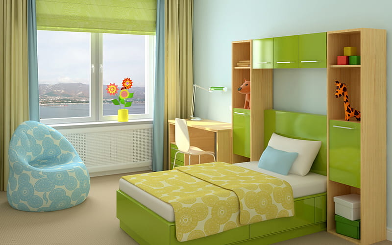 interior of the childrens room, green colors, modern stylish interior design, universal design, HD wallpaper