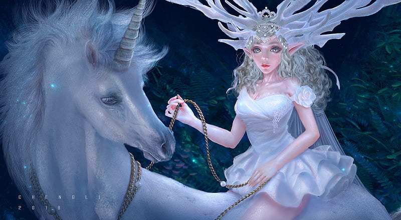 Queen of the forest, unicorn, queen, white, fantays, frumusete, luminos, elf, fantasy, cheng li, girl, fairy, HD wallpaper