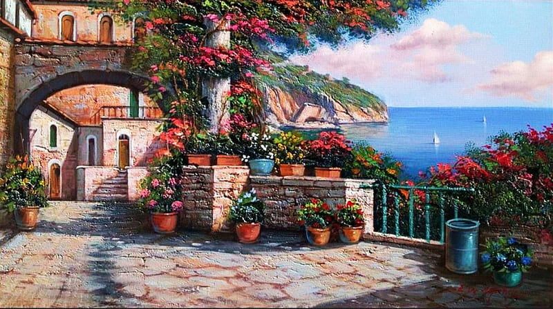 Amalfi Coast House Balcony, view, painting, flowers, artwork, sea, HD wallpaper