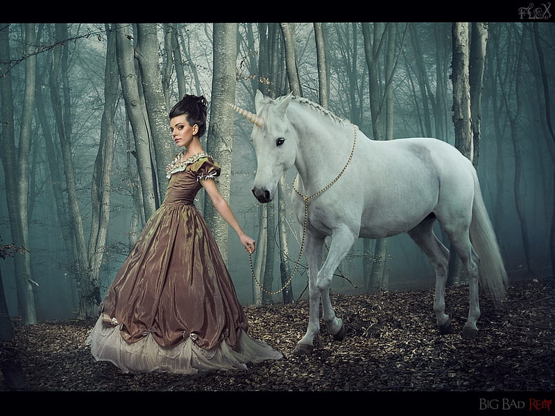 Forest girl, forest, fantasy, girl, woods, horse, HD wallpaper