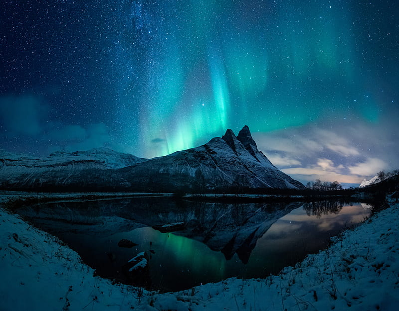Earth, Aurora Borealis, Mountain, Night, Reflection, Snow, Winter, HD wallpaper