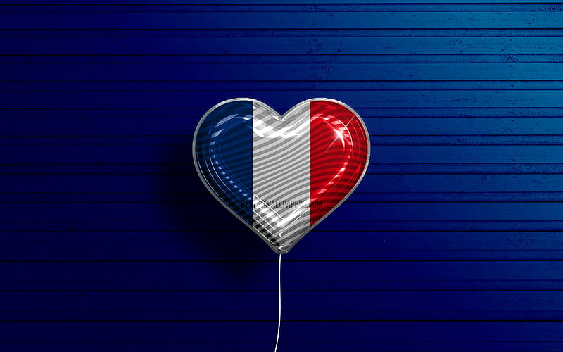 I Love France realistic balloons, blue wooden background, French flag heart, Europe, favorite countries, flag of France, balloon with flag, French flag, France, Love France, HD wallpaper