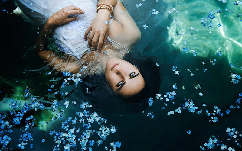 Floating in Paradise, blue petals, fantasy, watert, dark hair, girl ...