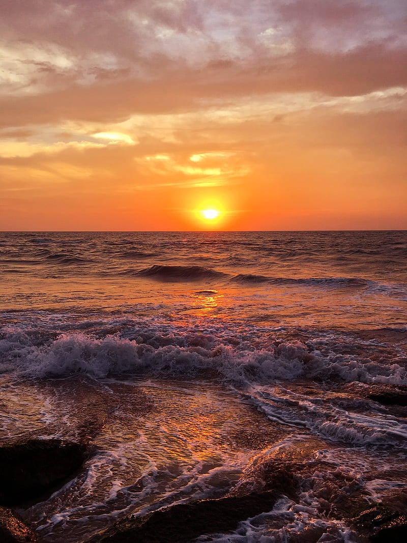 sea, sunset, surf, foam, ocean, horizon, HD phone wallpaper