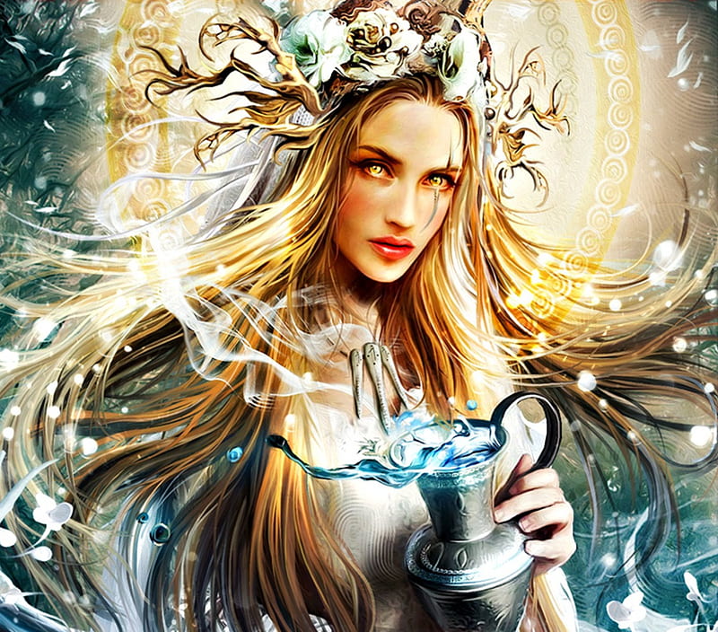 Goddess of destiny, art, yayashin, legend of the cryptids, zodiac, yellow, blonde, aquarius, woman, fantasy, water, girl, bruno wagner, blue, HD wallpaper