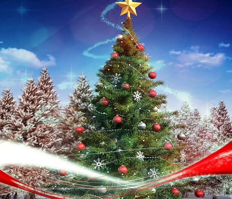 Merry Christmas, Stars, Christmas, Christmas tree, Holidays, Miscellaneous, Balls, Christmas balls, HD wallpaper