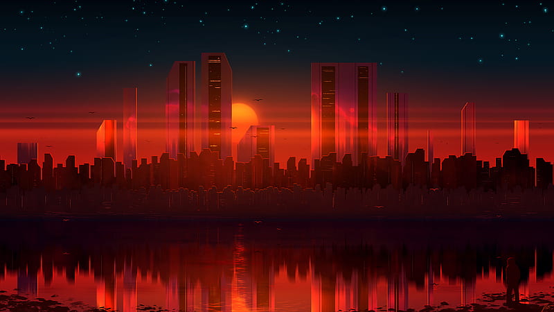 Sci Fi, City, Cityscape, Reflection, Sunset, HD wallpaper