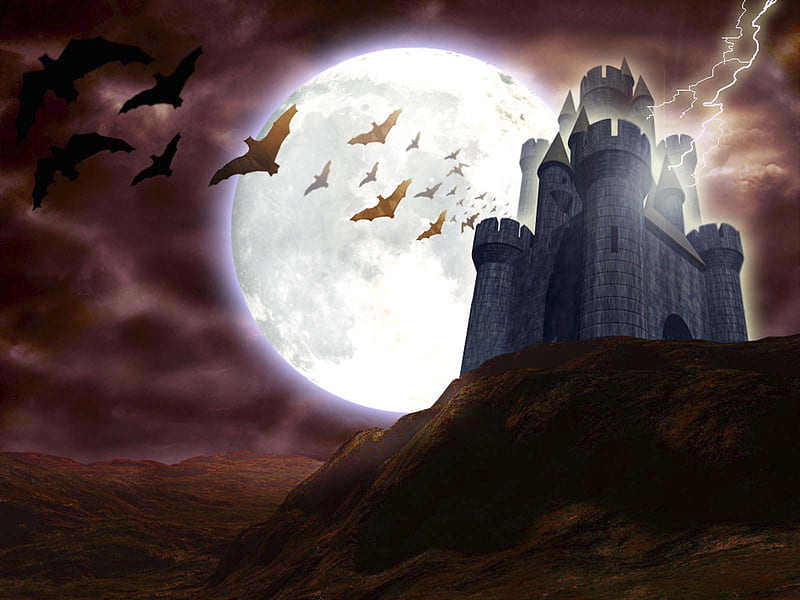 Haunted Castle, fantasy, moonrise, ghost, bat, vampire, HD wallpaper