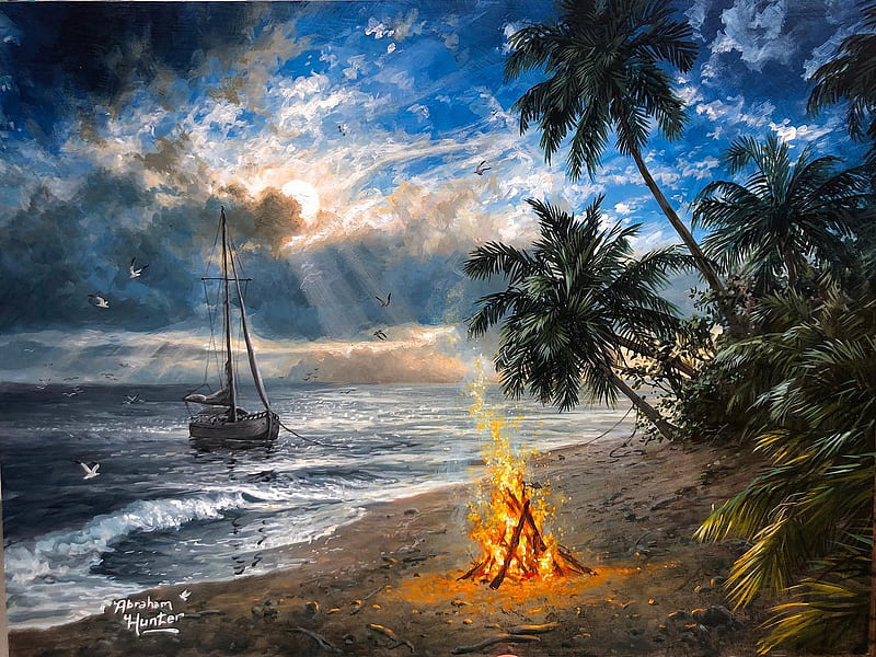 Moonrise Island, boat, water, campfire, clouds, sky, sea, palms, artwork, beach, painting, HD wallpaper