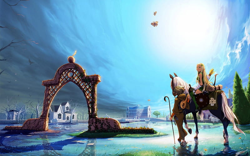 Fantasy world, world, house, ly, game, animal, fantasy, butterfly, green, anime, village, light, blue, elf, horse, building, water, girl, creature, HD wallpaper