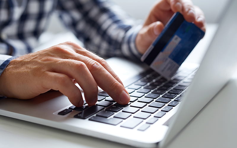 payment online, credit card online shopping, credit card in hand, laptop, computer, payment concepts, business, HD wallpaper