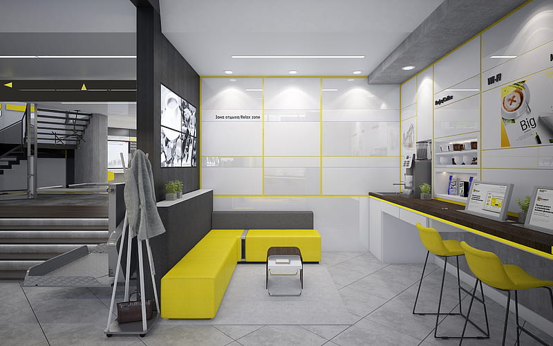 office stylish interior, office interior, yellow sofa, modern design, interior idea, HD wallpaper