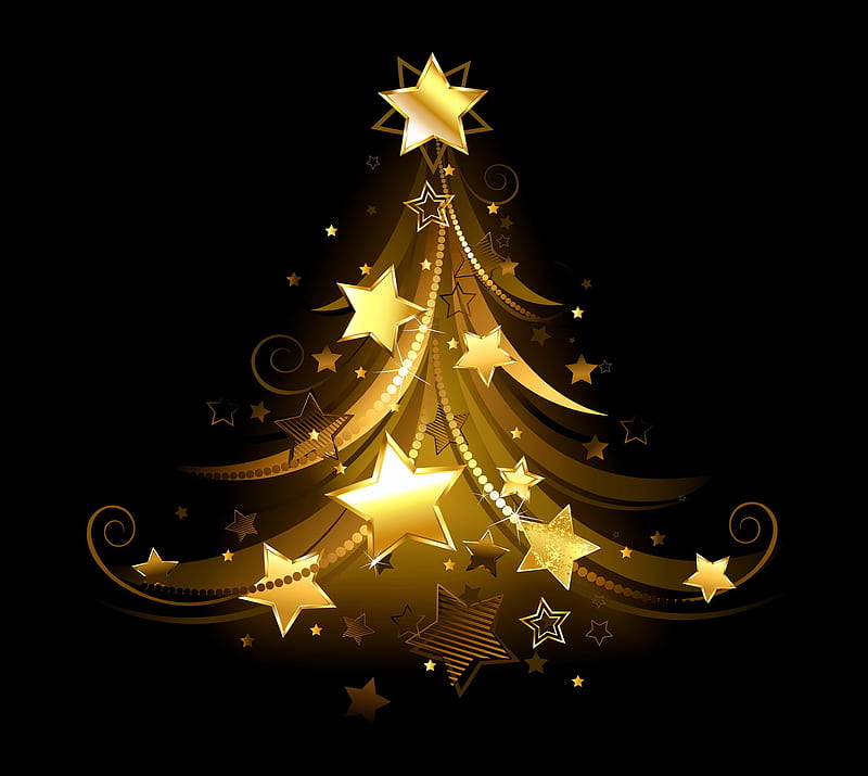 christmas tree, black, gold, xmas, HD wallpaper