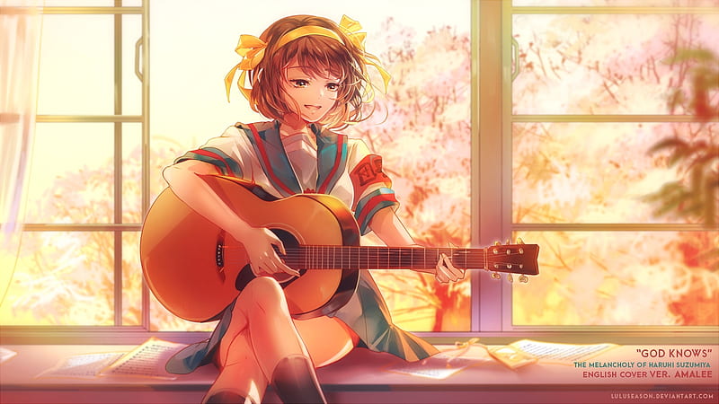 Girl, instrument, guitar, orange, anime, manga, lulu, HD wallpaper