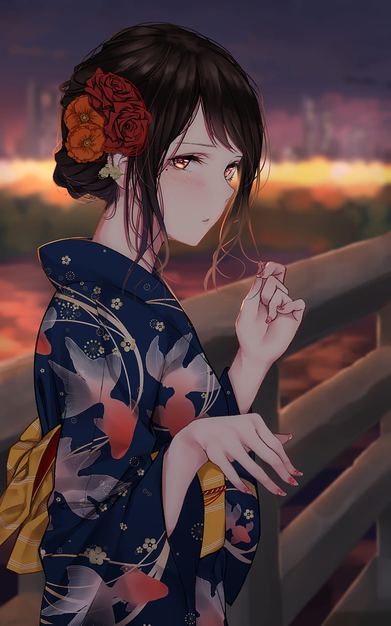 anime girls, flowers, kimono, anime, painted nails, short hair, HD phone wallpaper
