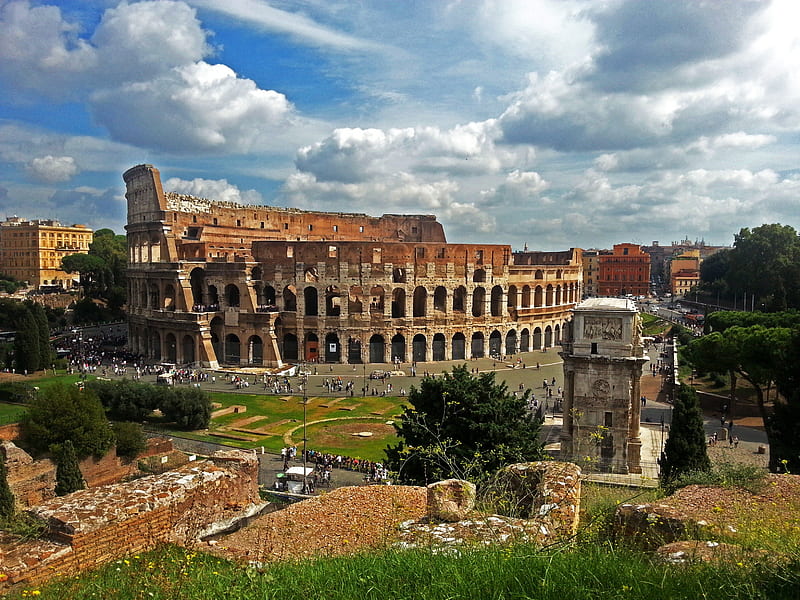 colosseum, ancient, view, awesome, rome, clouds, sky, lanscape, italy, HD wallpaper