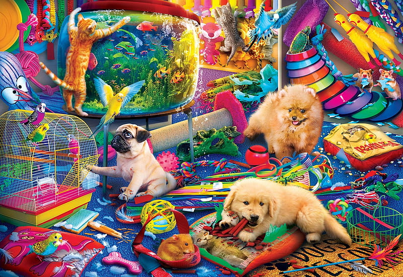 Pet's Play Room, digital, cat, art, utensils, dogs, colors, HD wallpaper