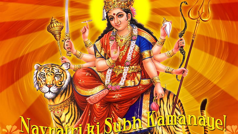 Lord Durga On Tiger In Red Yellow Light Shades Background Durga, HD wallpaper