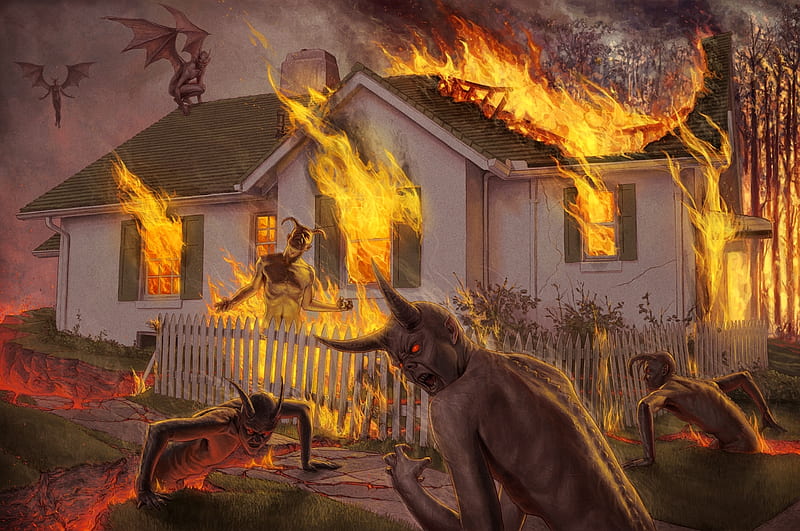 :D, fire, demon, house, halloween, fantasy, HD wallpaper