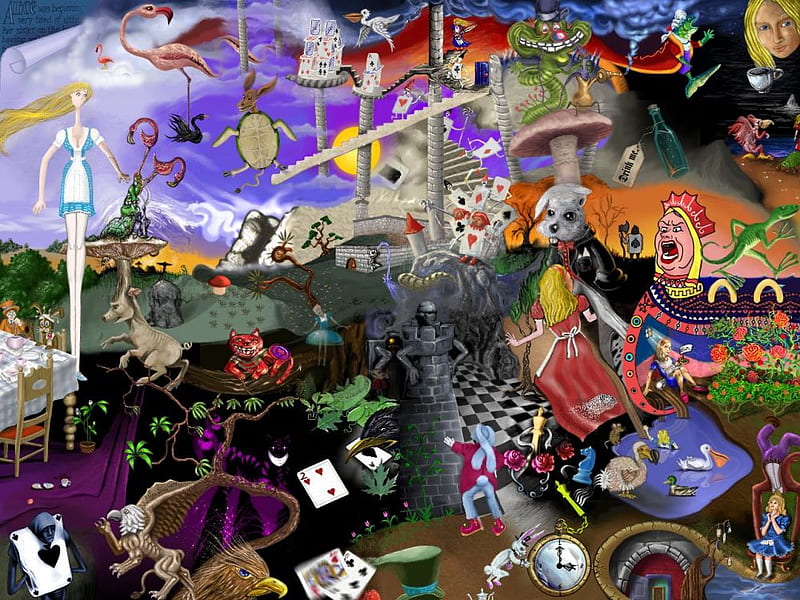 Alice Collage, caterpillar, rabbit, alice, cards, queen, mushroom, smoke, chessman, HD wallpaper