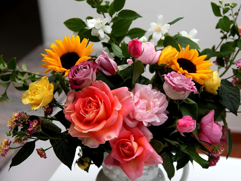 Flower Bouquet, Roses, Flowers, Vase, Jasmine, HD wallpaper