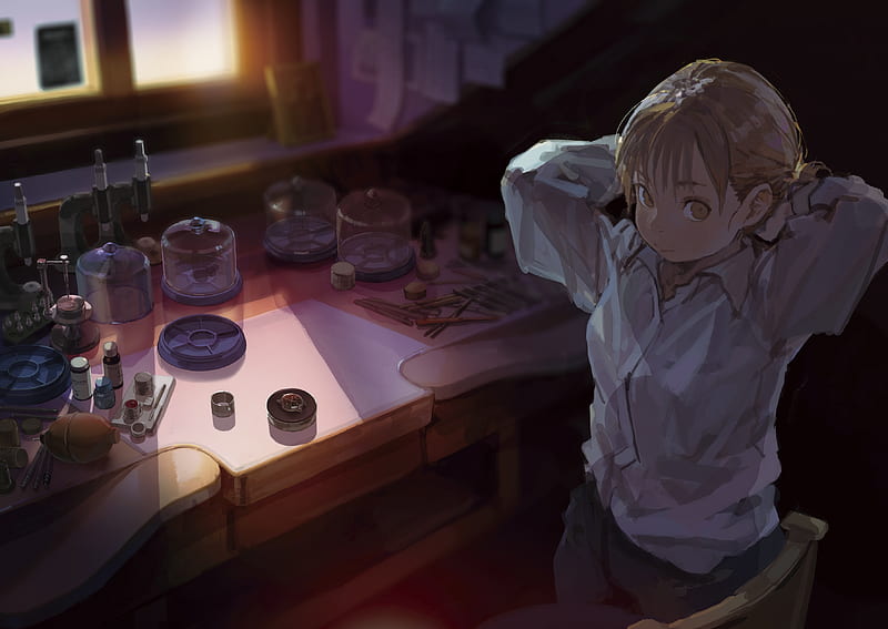 anime girl, scientist, blonde, shirt, room, Anime, HD wallpaper