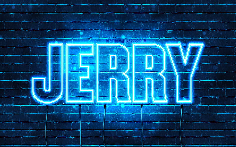 Jerry with names, horizontal text, Jerry name, blue neon lights, with Jerry name, HD wallpaper