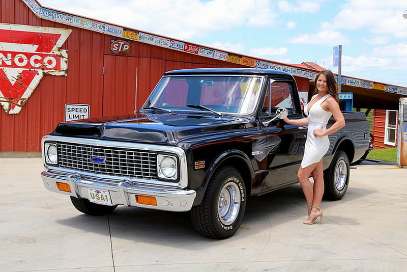 1972 Chevy C10 Pick Up and Girl, Old-Timer, Pick Up, Chevrolet, C10, Truck, Girl, HD wallpaper