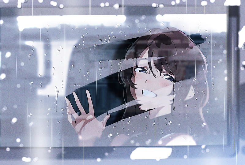 blurry window, rain, smiling, anime girl, brown hair, Anime, HD wallpaper