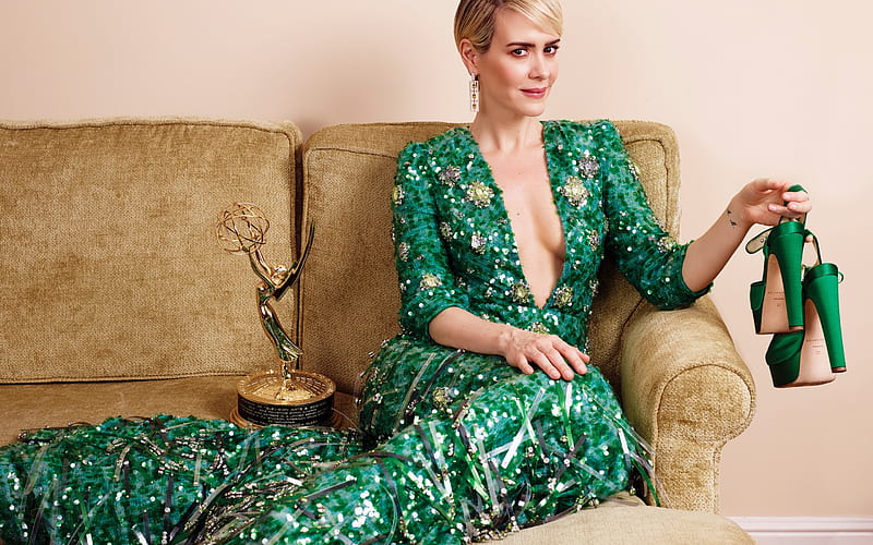 Sarah Paulson, American actress, hoot, green luxury dress, green female shoes, beautiful woman, blonde, HD wallpaper