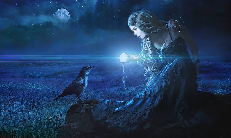 The Magic Orb, Field, blues, crow, Fantasy, lady, woman, glowing, Orb, moon, magical, Night, HD wallpaper