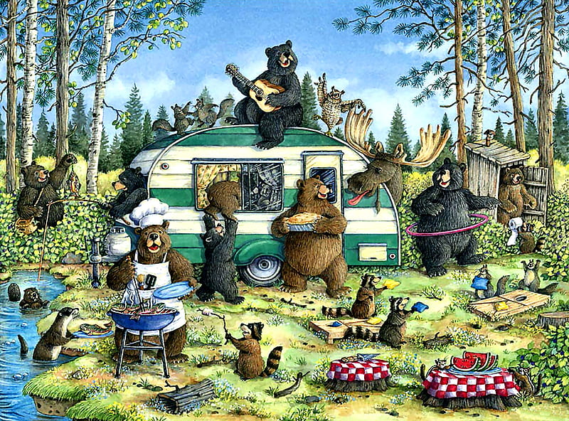 Happy Campers F, raccoons, art, squirrels, bear, bonito, artwork, animal, otters, painting, wide screen, wildlife, HD wallpaper
