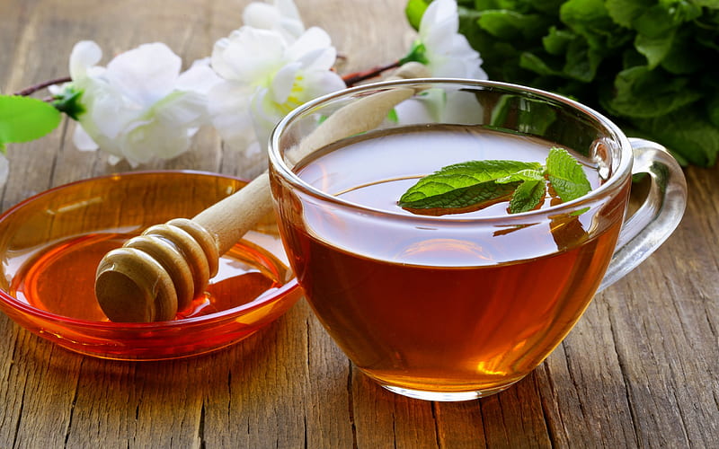 tea with mint, honey, cup of tea, hot drink, HD wallpaper