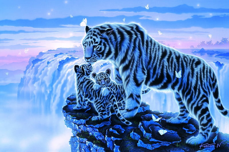 Family, fantasy, cub, tigru, tiger, white, mother, blue, art, kentaro nishino, luminos, HD wallpaper