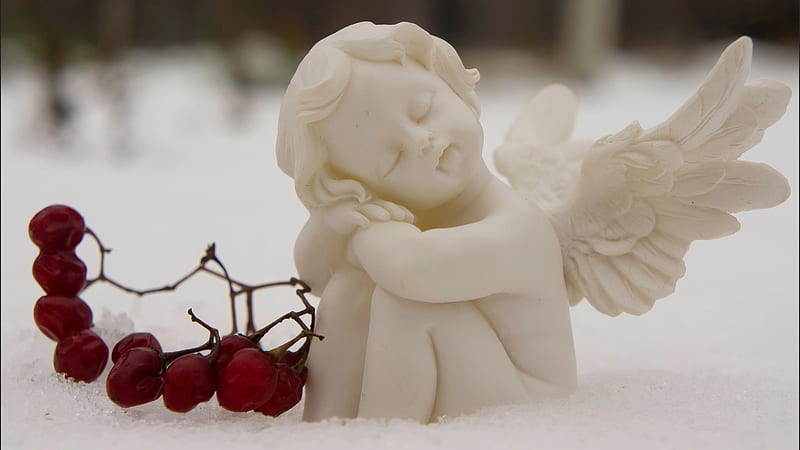 Little Angel, cute, little, lovely, snow, angel, cherries, white, HD wallpaper