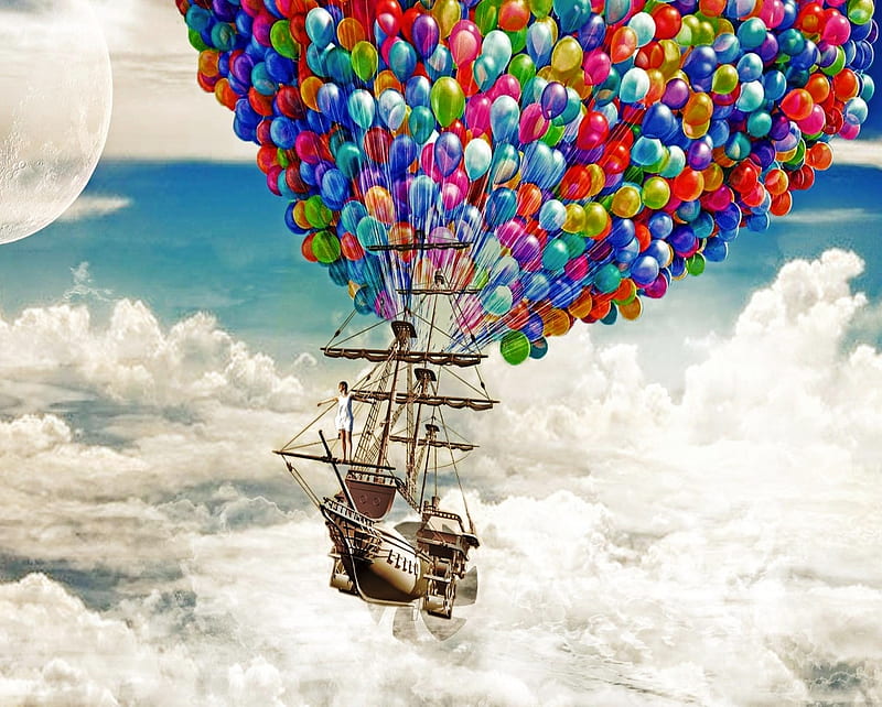 Balloons, bokeh, clouds, dom, moon, schooner, ship, space, up, HD wallpaper