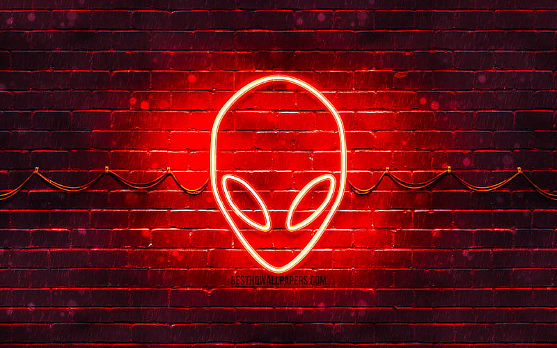 Alienware red logo red brickwall, Alienware logo, brands, Alienware neon logo, Alienware, HD wallpaper