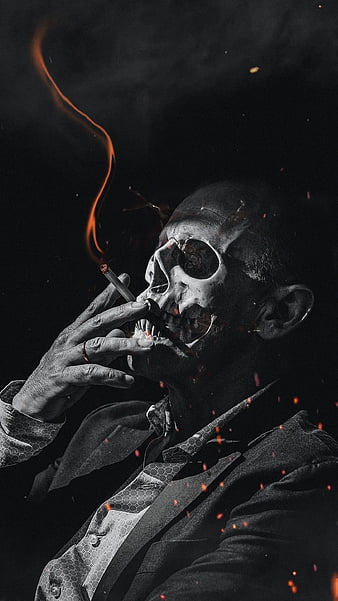 smoking skull guy oran, DARK, bones, cigarette, death, fire, gloomy, orange, particles, skulls, smoke, HD phone wallpaper