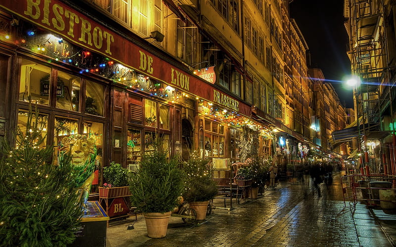 Christmas in Paris France, christmas in paris, bistrot, decoration, plants, street, lights, HD wallpaper