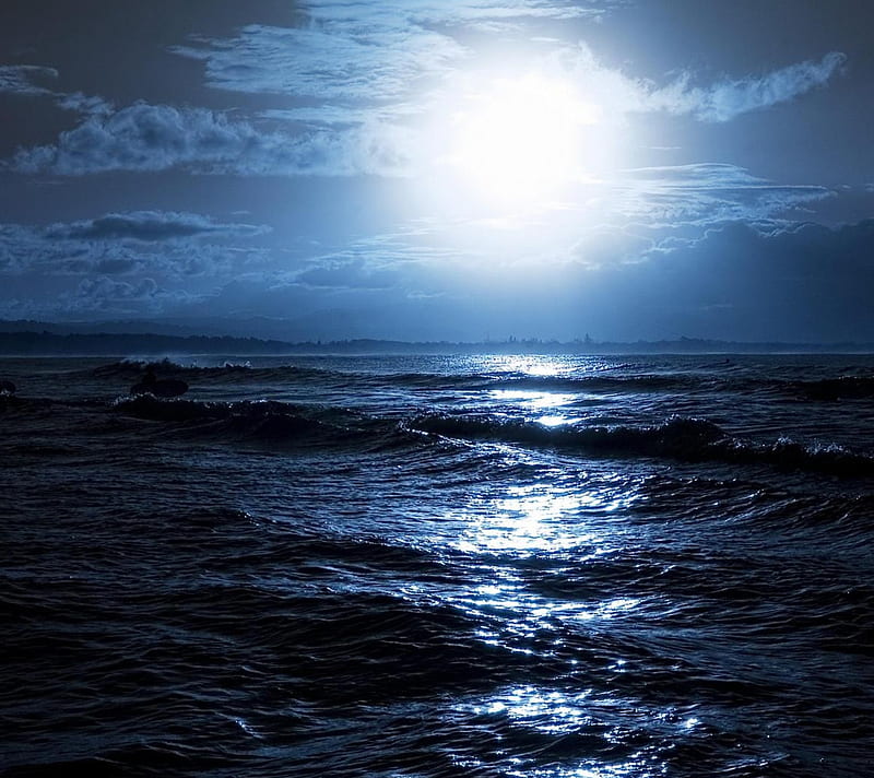 ocean, night, moon, cold sea, HD wallpaper