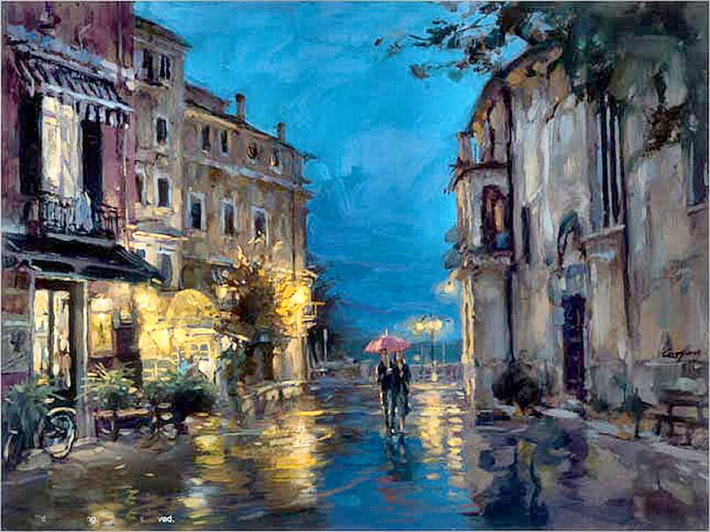 Lovers Under the Rain F5, art, cityscape, umbrella, artwork, lovers, painting, rain, scenery, couple, HD wallpaper