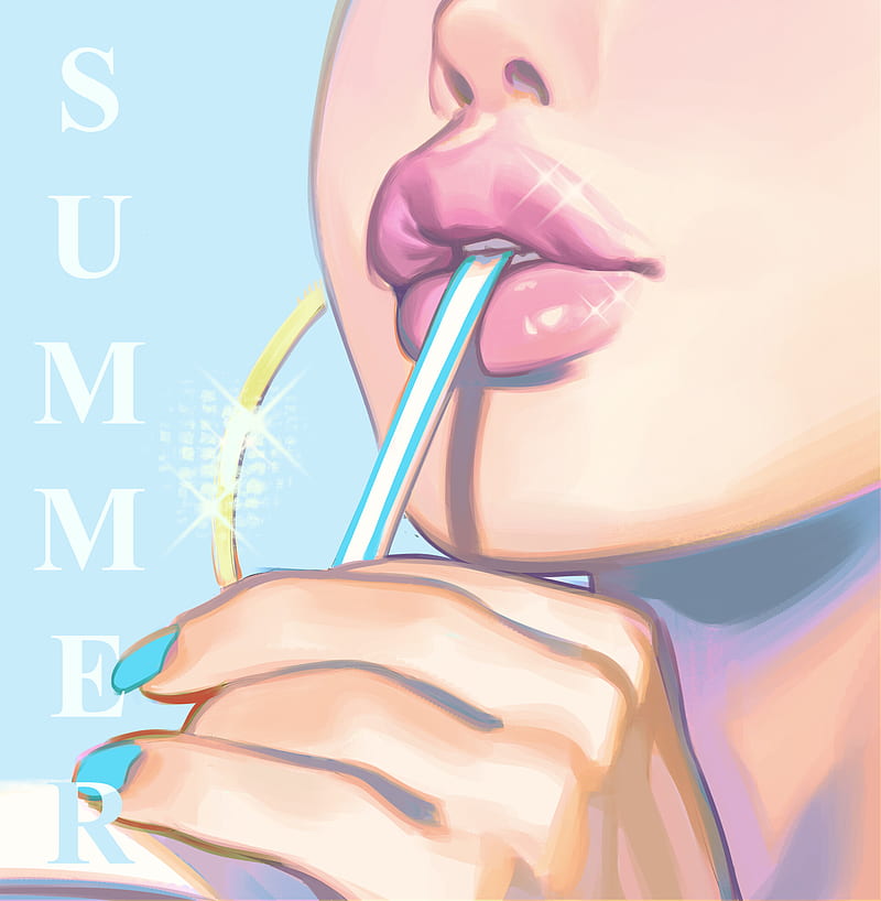 women, lips, painted nails, artwork, drinking, drinking straw, juicy lips, HD phone wallpaper