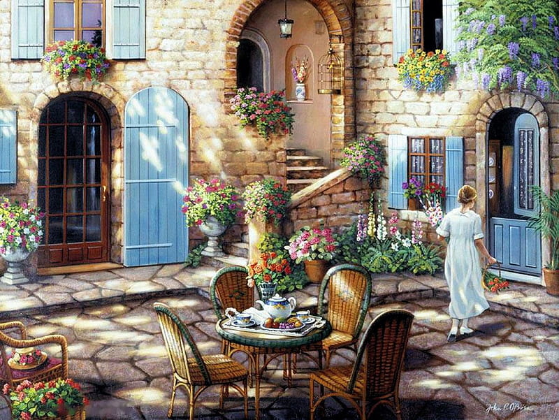 Tea Time at The Courtyard, girl, table, house, chairs, flowers, painting, porcelain, HD wallpaper