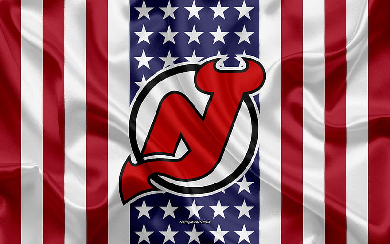 New Jersey Devils logo, emblem, silk texture, American flag, American hockey club, NHL, Newark, New Jersey, USA, National Hockey League, ice hockey, silk flag, HD wallpaper