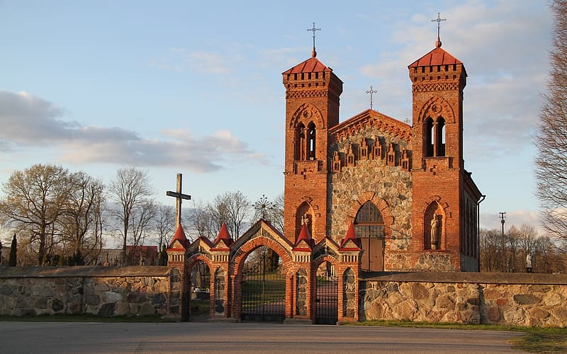 Church, neo-gothic, crosses, gate, HD wallpaper
