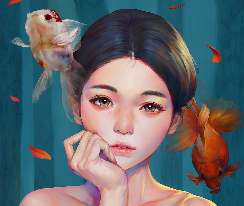 Fish girl, art, luminos, orange, fish, fantasy, girl, sen baek, summer,  hand, HD wallpaper