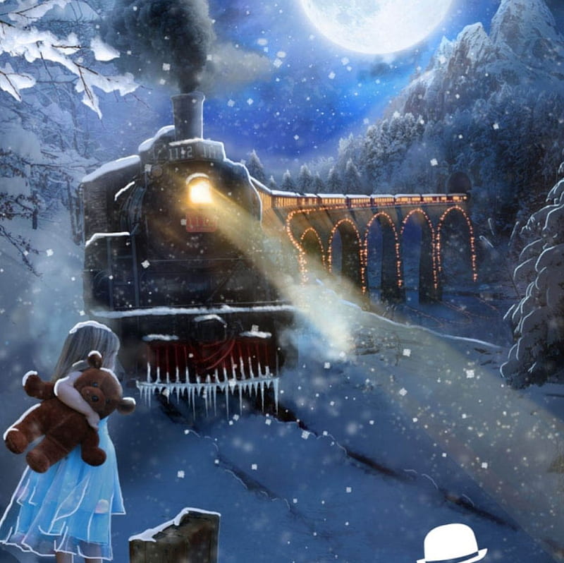Polar Express, train, girl, blue, winter, HD wallpaper